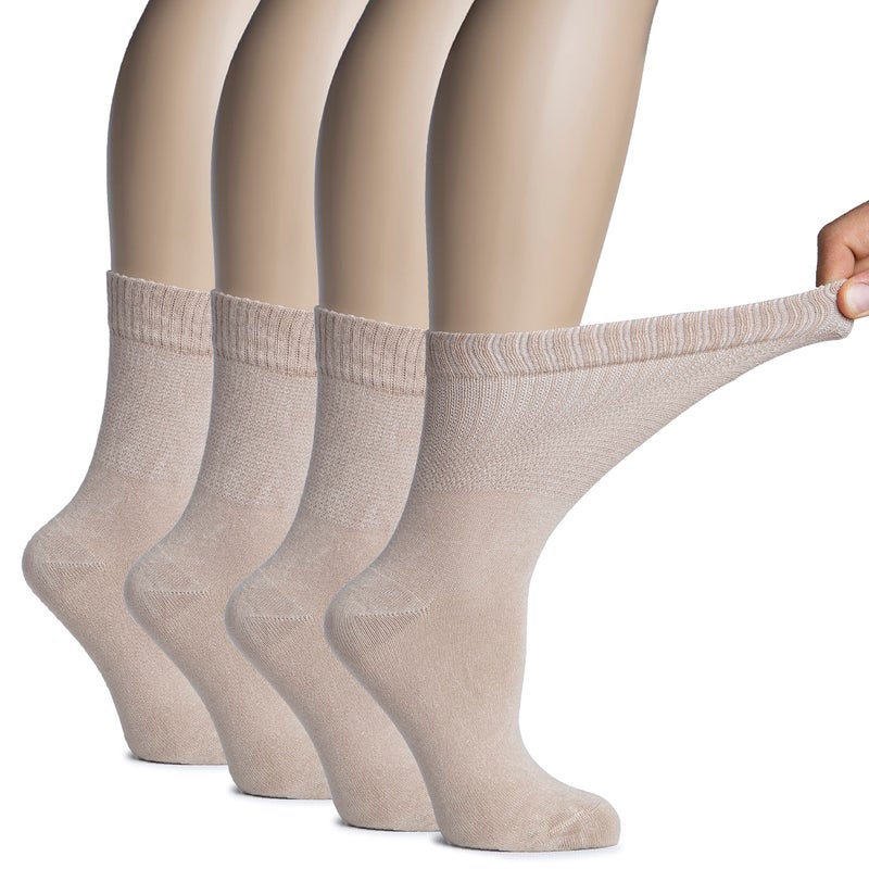 Hugh Ugoli Women's Rayon derived from Bamboo Diabetic Crew Socks, Thin, Loose Fit, Soft, Wide Stretchy, Seamless Toe, 4 Pairs, Light Beige, Shoe Size: 9-12 - Image 1